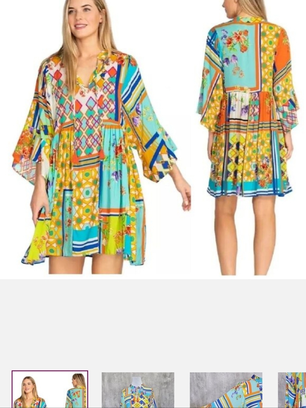 Johnny Was Mixi  Mixed Pattern Boho Short Kaftan Dress SIZE L
